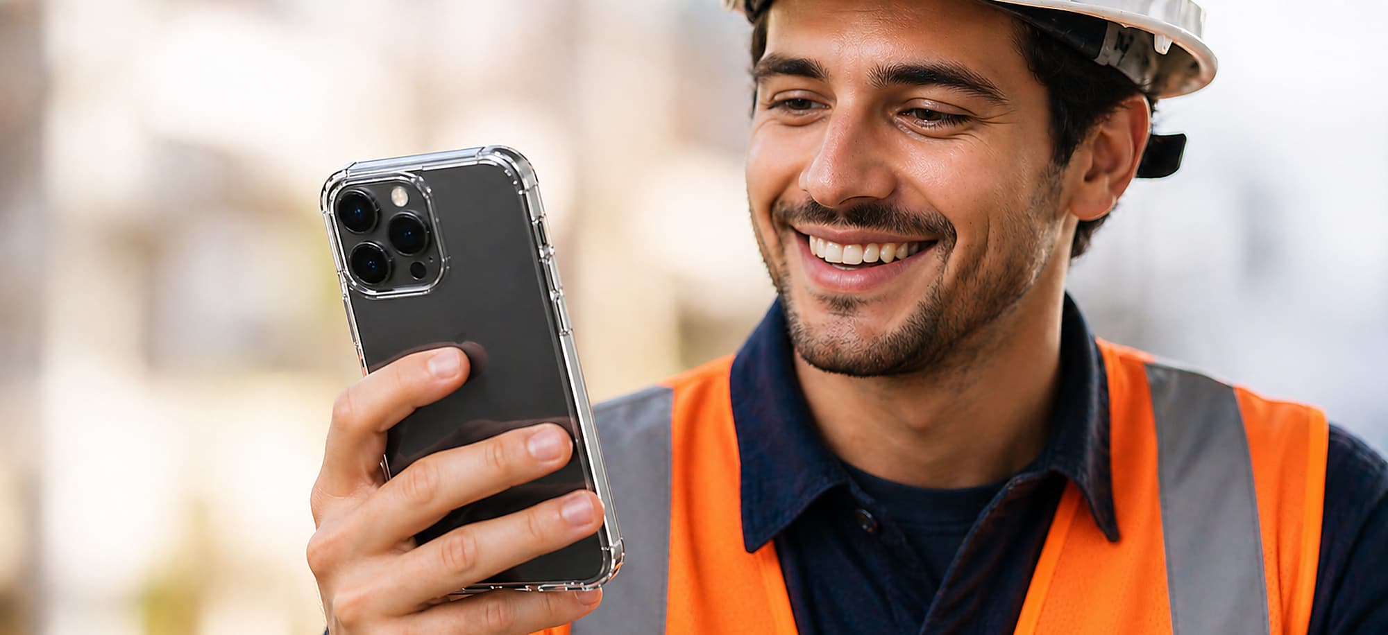 Tradesman checking his phone on site
